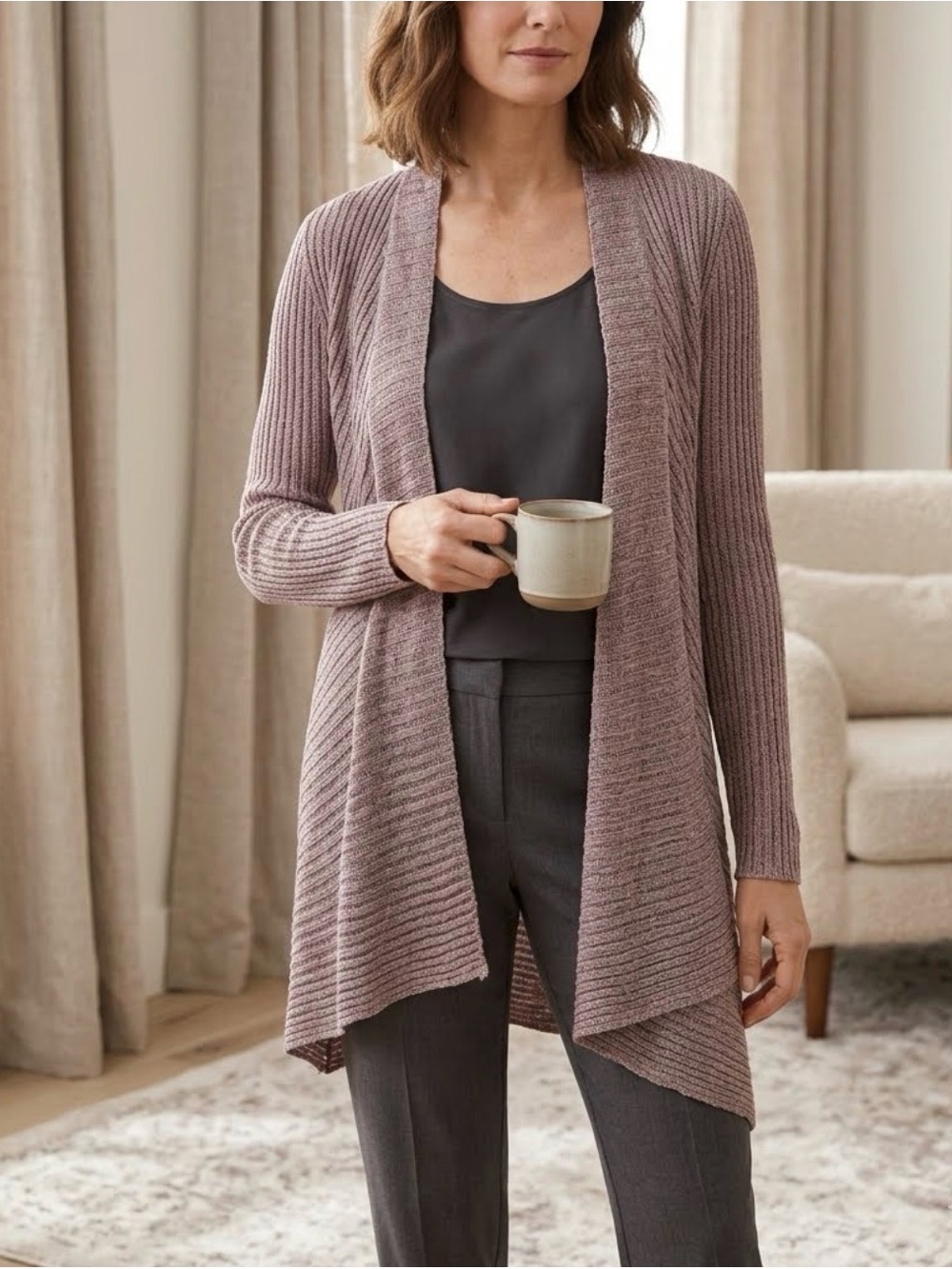 Eileen Fisher Asymmetrical Ribbed Knit Open Front Cardigan Mauve/Taupe 0441